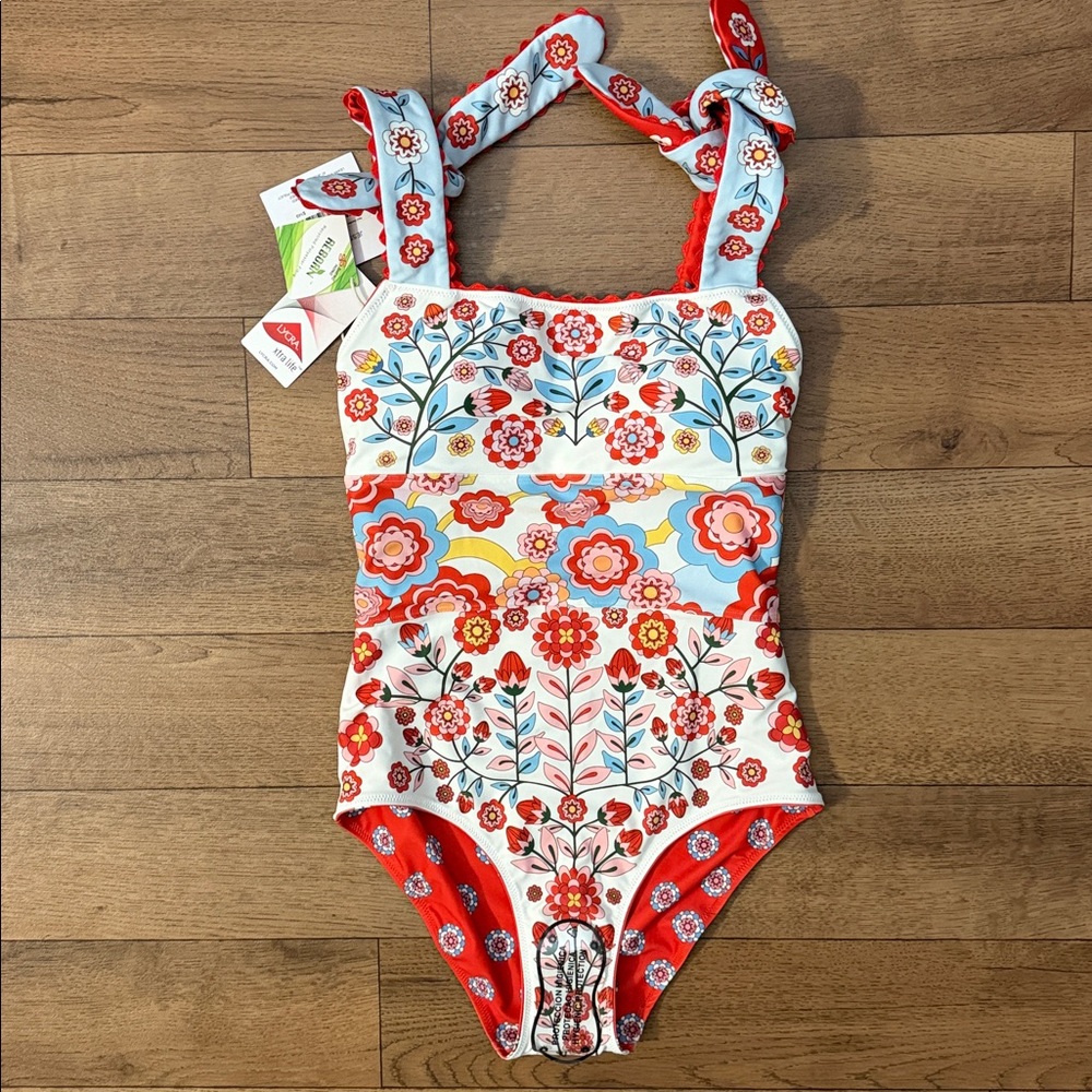 Girls Floral One-Piece Swimsuit with Tie-Strap Shoulders